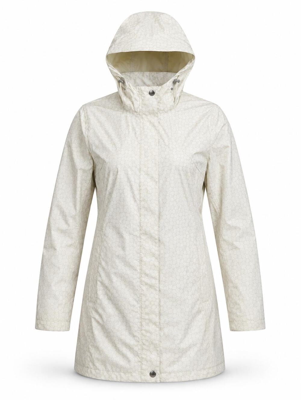 Columbia Women’s XS Omni-Tech Waterproof Hooded Long Rain Coat Ivory Print